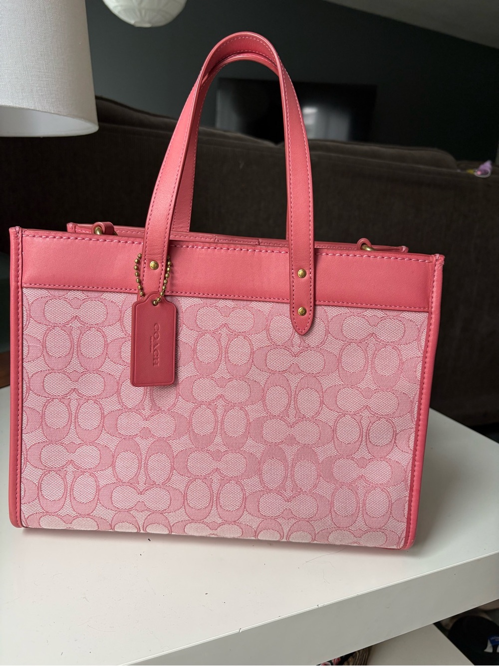 Coach Pink Signature Canvas Tote with Leather Trim